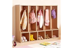 VEVOR 5-Section Kids Coat Locker, Wooden Toddler Cubby Storage Organizer with 10 Hooks & Non-Slip Mat, Modern Kid Coat Cubbie
