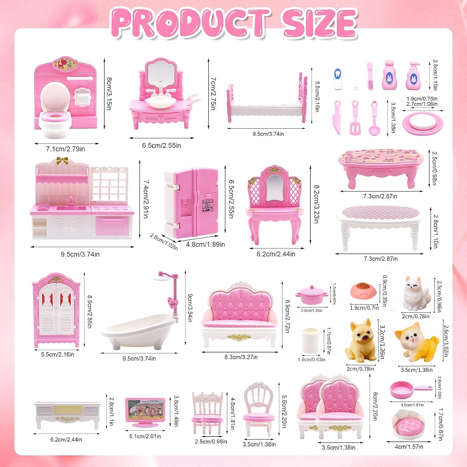 36Pcs Dollhouse Furniture Sets,Miniature 1:12 Scale Doll House Accessories and Furniture with Cat,Dog,Kitchen, Dining Room, Living Room,Bedroom for Playhouse Toy(Pink)