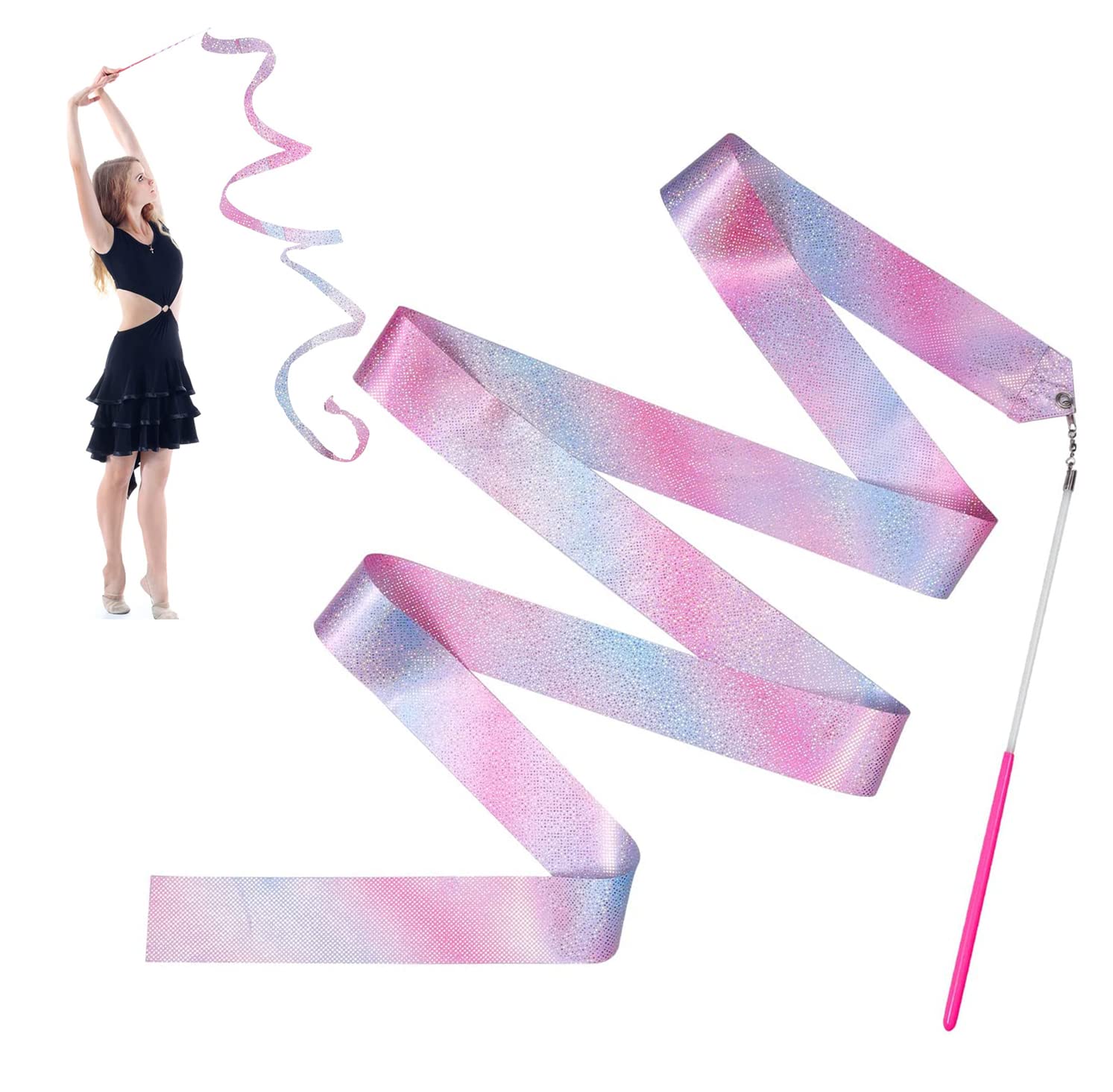 Sparkling Dance Ribbon, 78.7 inches Rhythmic Gymnastics Ribbons with Ribbon Dance Wand, Twirling Ribbon Streamer Gymnastics Equipment for Girls Kids Dancing Training, Gymnastics Party Gift (2 Pcs)