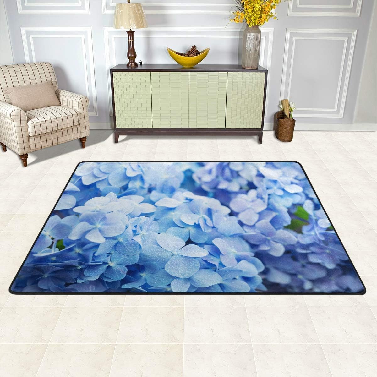 Jiayangzi Blue Hydrangea Area Rug Non Slip Home Decor Mat