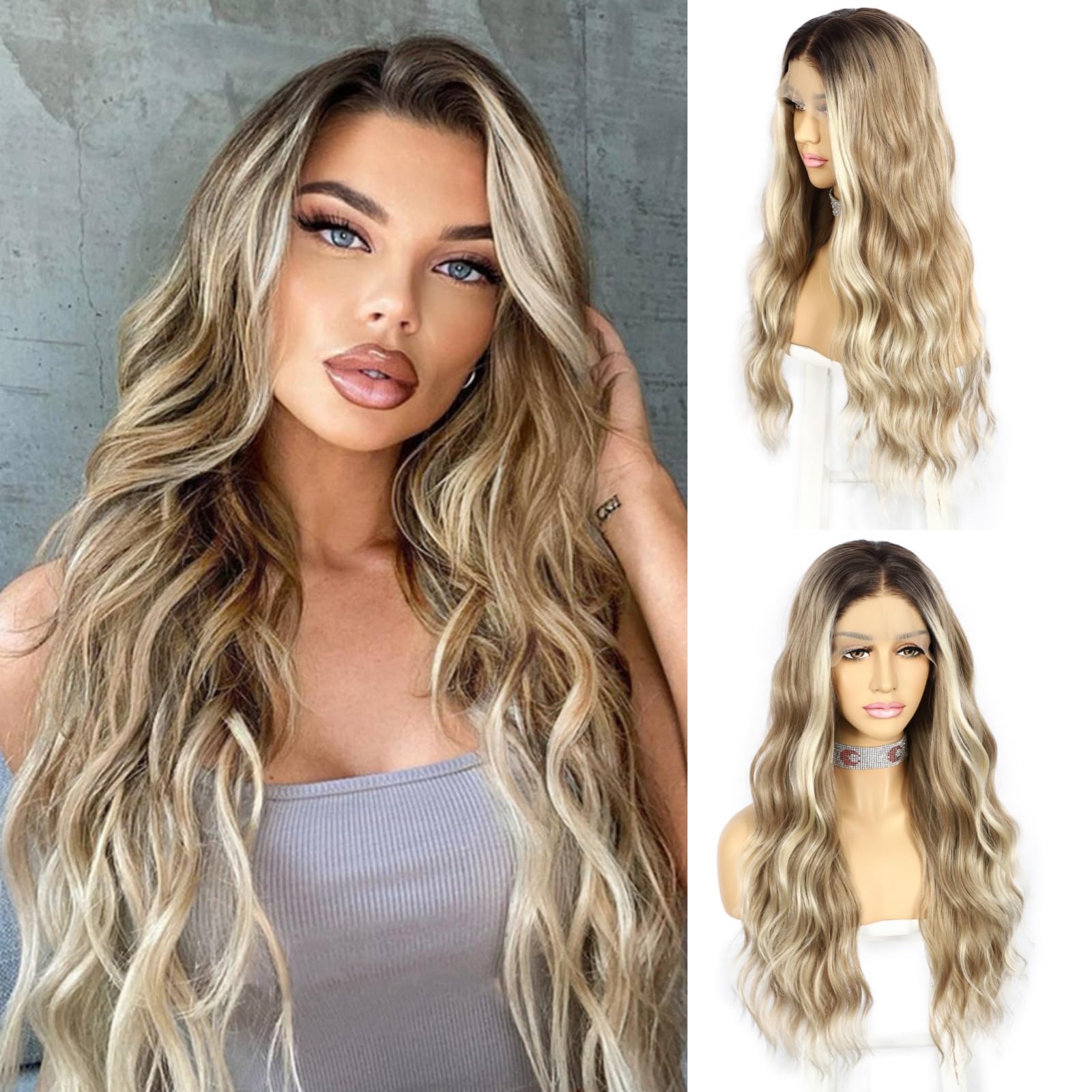 Photo 1 of SAPPHIREWIGS 13x4 Blonde Synthetic Lace Front Wigs for Women Glueless Body Wave Wig Highlight Balayage Blonde with Brown Hair Pre Plucked Hairline Daily Cosplay Uses 26 Inches