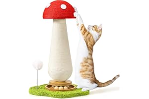 TEWIWAP Cat Scratching Post, Mushroom Cat Scratcher with Interactive Ball Track Spring Ball Toys Cute Sisal Scratchers Post for Indoor Adults Kitten with Stable Base