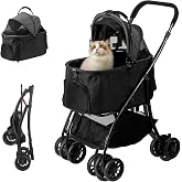 Dog and Cat Stroller with Detachable Carrier, 4-Wheel, Car Seat (Grey) | Waterproof Oxford Fabric, 360&deg; Breathable Mesh, All-Terrain Walks, Vet Visits, Only 12 lbs, No-Tool Setup, Indoor or Outdoor