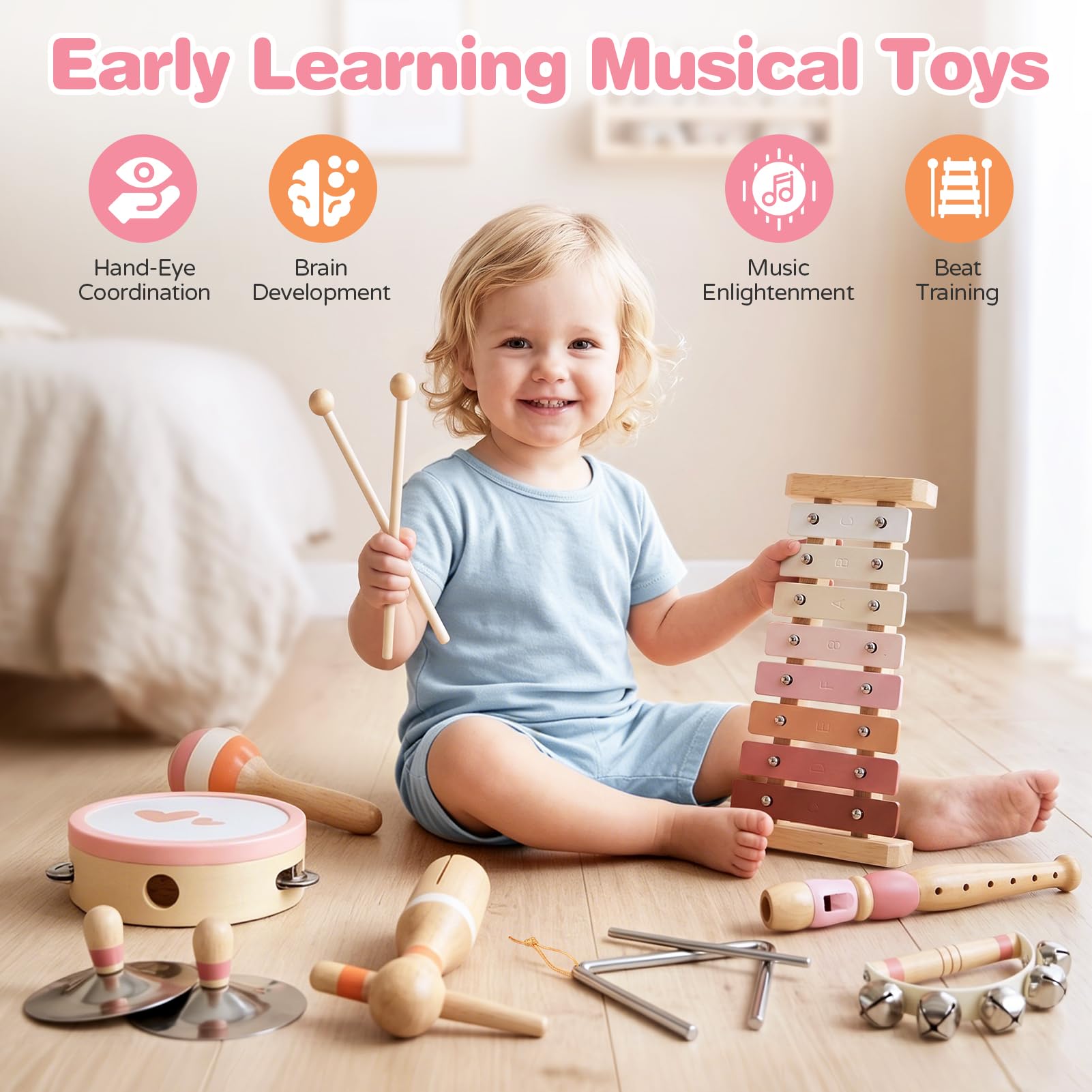 Musikinstrumente Kinder ab 3 Jahre Xylophon Trommel Schlagzeug Kinderspielzeug Musikinstrumente Spielzeug Mädchen 3 Jahre Montessori Holzspielzeug 2