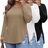 Ficerd 3 Pack Women's Plus Size Long Sleeve Tunic Tops Crewneck Loose Shirts Casual Curved Hem Side Split Basic Tee