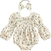 Kavousa Smocked Baby Girl Clothes Newborn Girl Bubble Romper Long Sleeve Jumpsuit And Headband Outfit Cute Infant Clothing