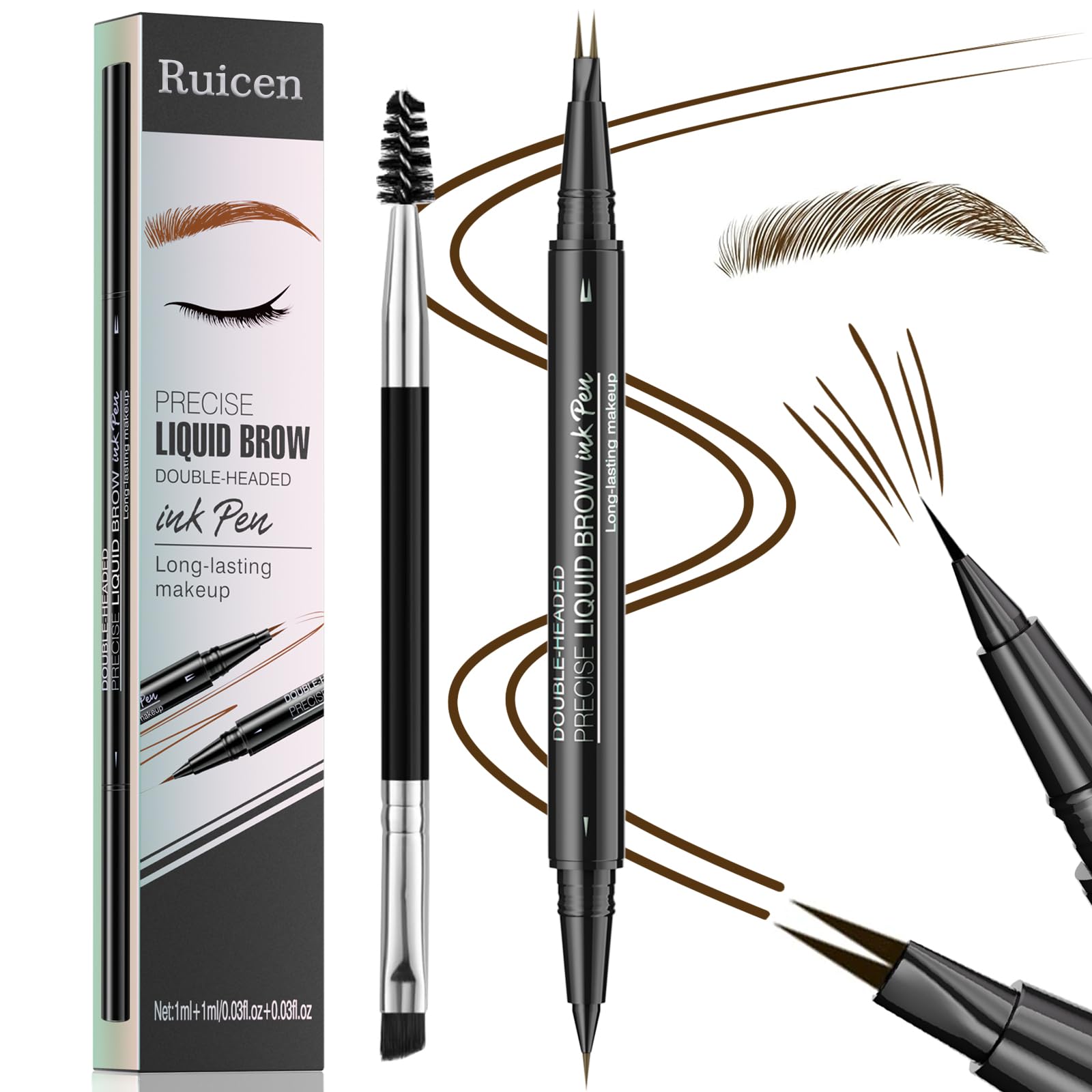 Eyebrow Pen - Eyebrow Pencil, Ruicen Micro Eyebrow Pencil 2-in-1 Dual-Ended Eyebrow Pen with Micro-Fork-Tip and Precise Brush-Tip Create Natural Hair-Like Brows, Last All-Day, Dark Brown