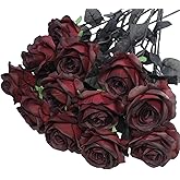 Artificial Roses Flowers, 12 Pcs Fake Burgundy Rose in Bulk, Long Stem Realistic Silk Roses Bouquet for Halloween Decoration, Fall Home Decor, Centerpieces, Flower Arrangement (Burgundy, 12-PCS)