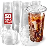 32 oz Plastic Cups with Strawless Sip Lids (50 Pack) - Disposable Clear Cups for Iced Coffee, Boba, Milk Tea, Smoothies, and Fruit Shakes