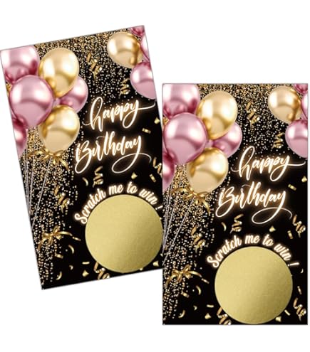 Black & Pink Birthday Scratch Off Game Cards - 50 Sets With Stickers, Party Ice Breaker Activity For Girls, Gold Balloon Theme