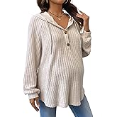 BEAUDRM Women's Maternity Half Button Sweatshirts Long Sleeve Ribbed Knit Pregnancy Shirt Spring Clothes