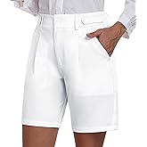 MoFiz Dressy Casual Shorts for Women Elastic Waist Pleated 2025 Trendy Summer Shorts with Pockets Solid Business Shorts White M