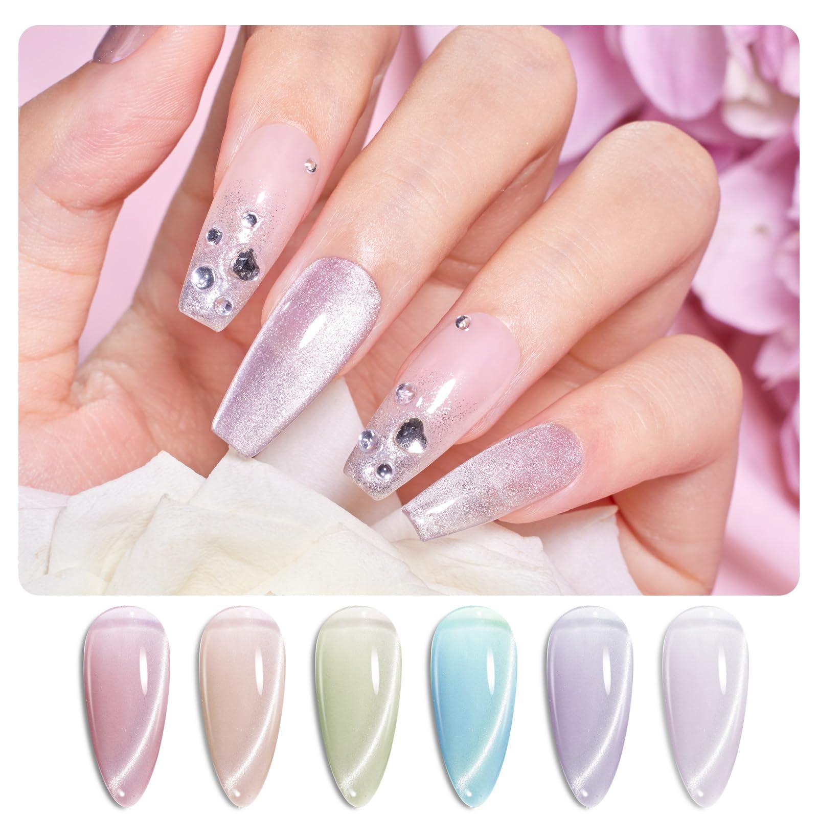 Beetles Cat Eye Gel Nail Polish Set, 6 Colors Jelly Pink Translucent Pastel Blue Green Purple Light Lucite Collection Sheer Gel Polish Soak Off LED Nail DIY Art Salon at Home Gifts for Women - Image 8