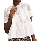 VAOYIU Women Lace-Detail Flared Blouse Short-Sleeve Crew Neck Flowy Mesh Swing Top Casual Dressy Shirt for Work Office