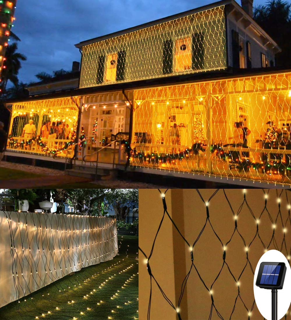 200 LED Solar Net Light, 3M x 2M Mesh Fairy String Lights, 8 Modes Outdoor Weatherproof Curtain Lights, Auto ON/OFF Tree Wrap Christmas Decorative Light for Balcony Fence Garden Backyard (Warm White)