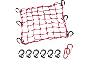 Thewinio Cargo Net 15"x15" Stretches to 30"x30" with Thicken Hooks | Natural Latex Core, Tight 2”x2” Mesh Small Heavy Duty Bungee Net for Motorcycle Helmet, Bike, ATV, UTV, Luggage (Red, 1 Pack)