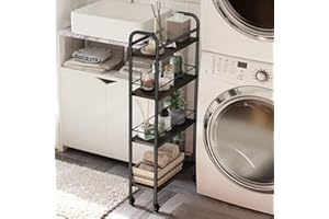 Asgolion Black Slim Storage Cart, 4 Tier Rolling Utility Cart on Wheels, Narrow Shelving Unit Cart for Small Spaces in Kitchen, Dining Room, Bathroom, Laundry Room, Black