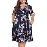 Keluummi Plus Size Summer Wedding Guest Midi Dresses for Curvy Women, Casual Boho Floral A Line V Neck Dress with Pockets