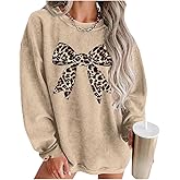 BEAUDRM Women's Plus Size Bow Leopard Sweatshirt Long Sleeve Crew Neck Pullover Tops Streetwear Fall Clothes Khaki XX-Large Plus