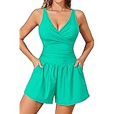 Smismivo Romper Swimsuits for Women Tummy One Piece Bathing Suit Slimming Full Coverage with Shorts Pocket V Neck Swim Suit