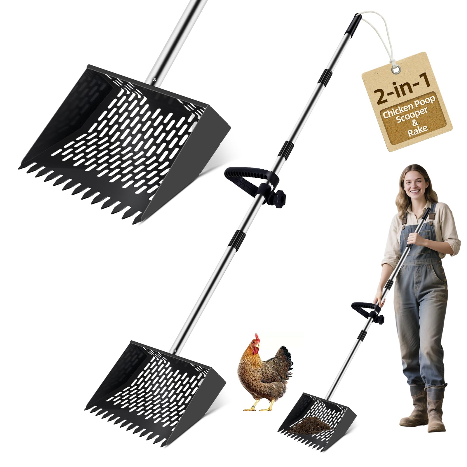 Photo 1 of 10-inch Large Metal Chicken Poop Scooper?Rake 2-in-1 with Ergonomic Grip Adjustable Long Handle(36 to 61 Inches) for Cleaning Chicken Sand,Chicken Poop Sifting Shovel,Chicken Coop Accessories?