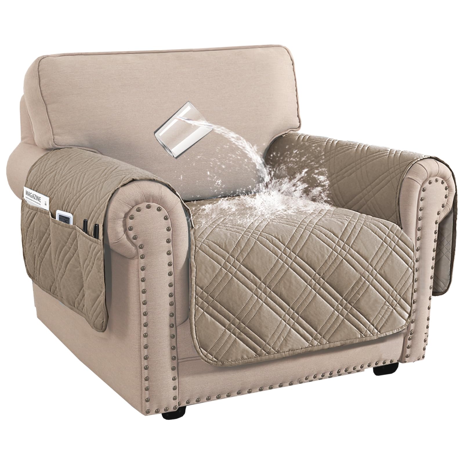 BellaHills Waterproof Sofa Cover 1 Seater Living Room Armchair Covers Sofa Slipcovers Chair Seat Covers with Side Pocket for 1 Seater Sofa Washable Couch Cover for Dogs (1 Seater, Taupe)