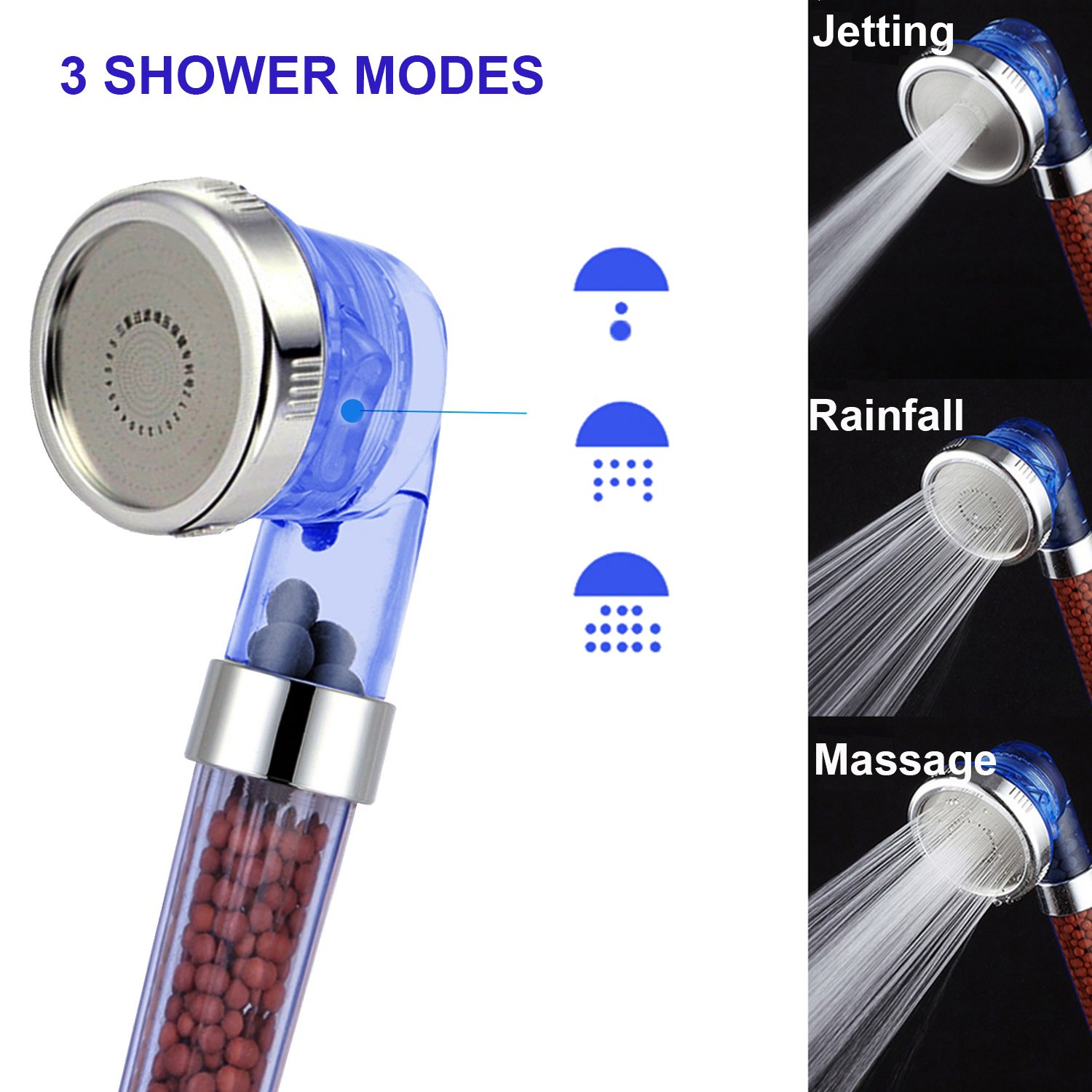 VEHHE 3 Jet Round Rainfall Hand Held Fixed Shower Head High Pressure & Saving Water Negative Lons Shower Sprinkler Head for Relation,Spa,Dry Hair and Skin
