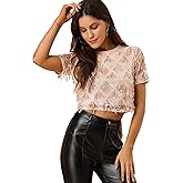 Allegra K Women's Sequin Shiny Glitter Crop Top Christmas Short Sleeves Sexy Party Tassel T-Shirt