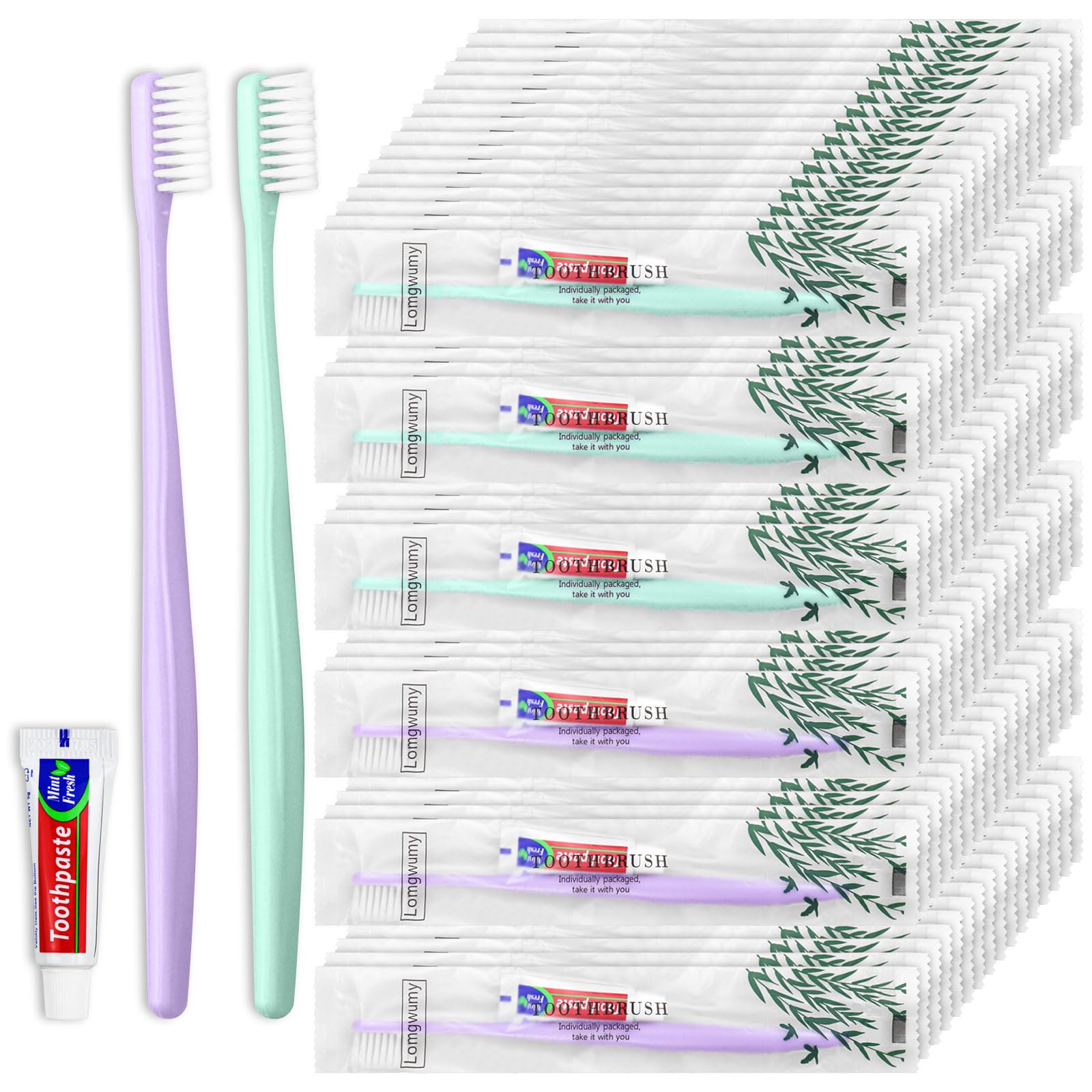 Disposable Toothbrush, Hotel Toothrush, Disposable Toothbrush and Toothpaste, Individually Packaged, 2 Colors, Delicate and Practical, Suitable for Hotel, Home, Camping, Travel (PACK-100)