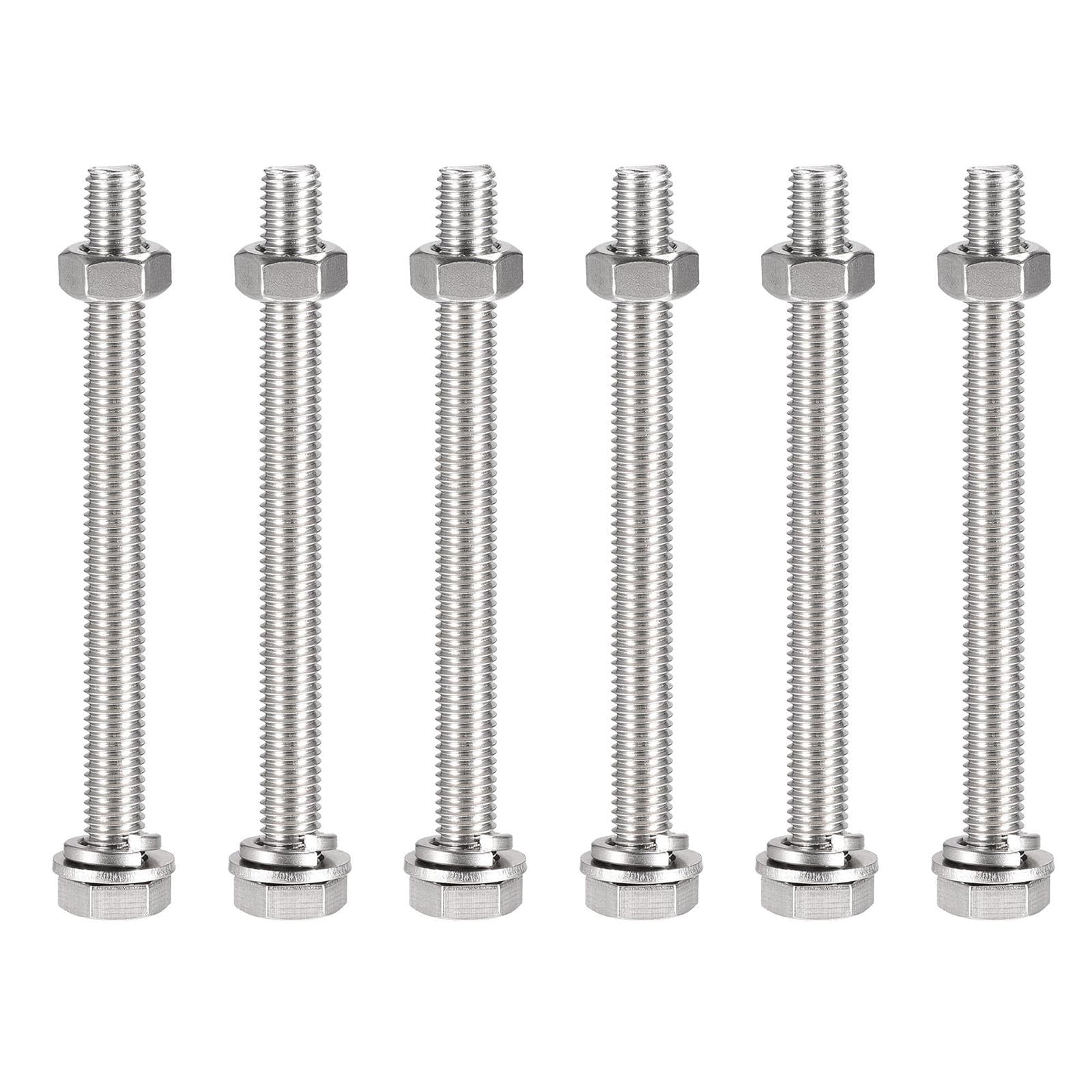 TOP-VIGOR 6Pcs M10 x 120mm Hex Head Screws Bolts, Nuts, Flat & Lock Washers Kits, 304 Stainless Steel Fully Thread Hexagon Bolts for DIY Bike Motorcycles Repair