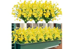 TEMCHY Artificial Outdoor Flowers, 8 Bundles Fake UV Resistant Foliage Greenery Faux Plants Shrubs Plastic Bushes for Indoor Outside Hanging Planter Wedding Farmhouse Decor (Yellow)