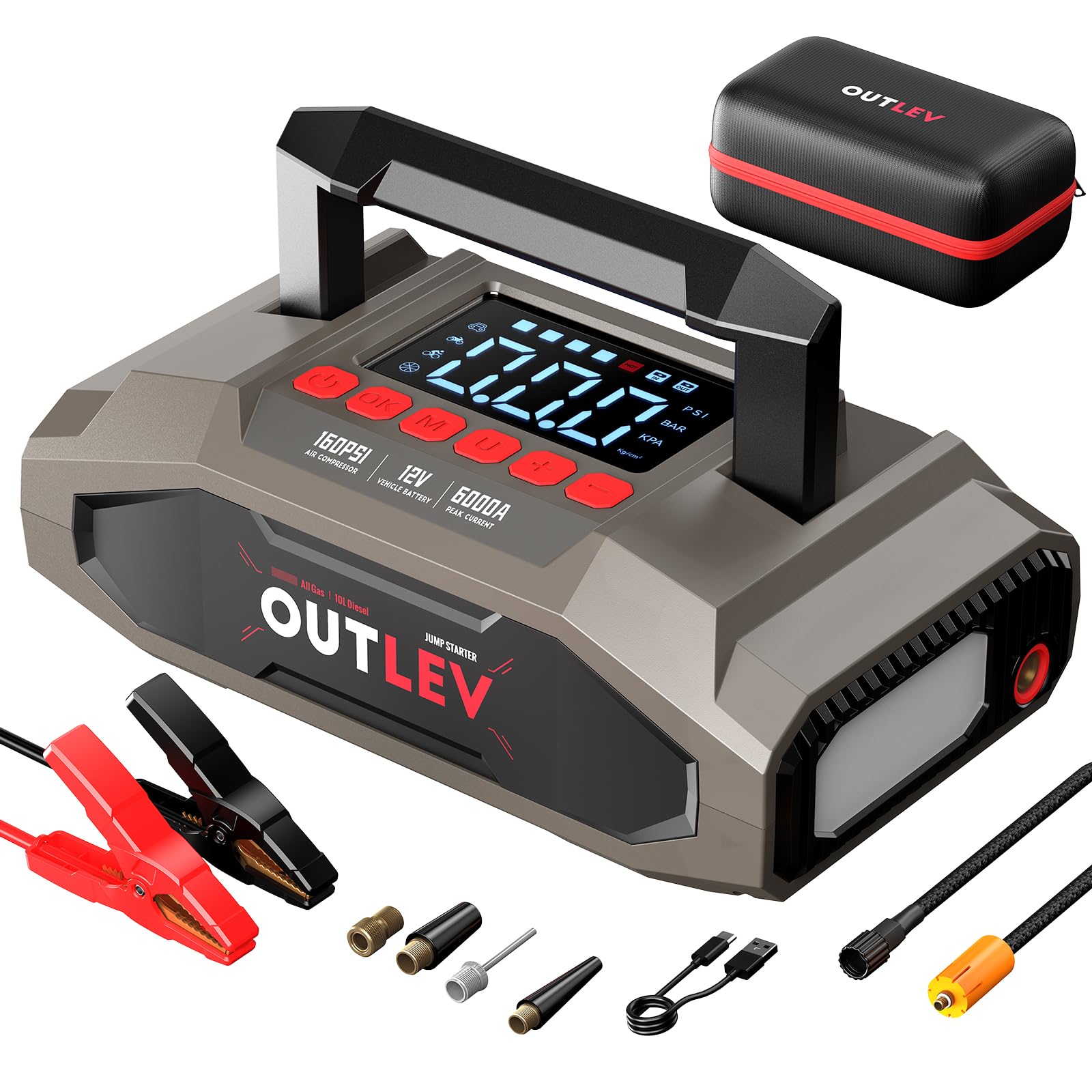 Photo 1 of OUTLEV 6000A UltraSafe Jump Starter with 160PSI Air Compressor, 12V Car Battery Booster, Portable Jump Box, Power Bank & Jumper Cables, LED Display, LED Light, for 10L Gas & 10L Diesel Engines