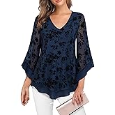 Lotusmile Womens Dressy Blouse Double Layers Mesh Shirt Ruffle 3/4 Flared Sleeve Tunic Tops