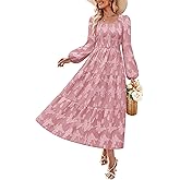 ZESICA Women's 2026 Spring Floral Midi Dress Long Sleeve Smocked Flowy Long Wedding Guest Vacation Dresses