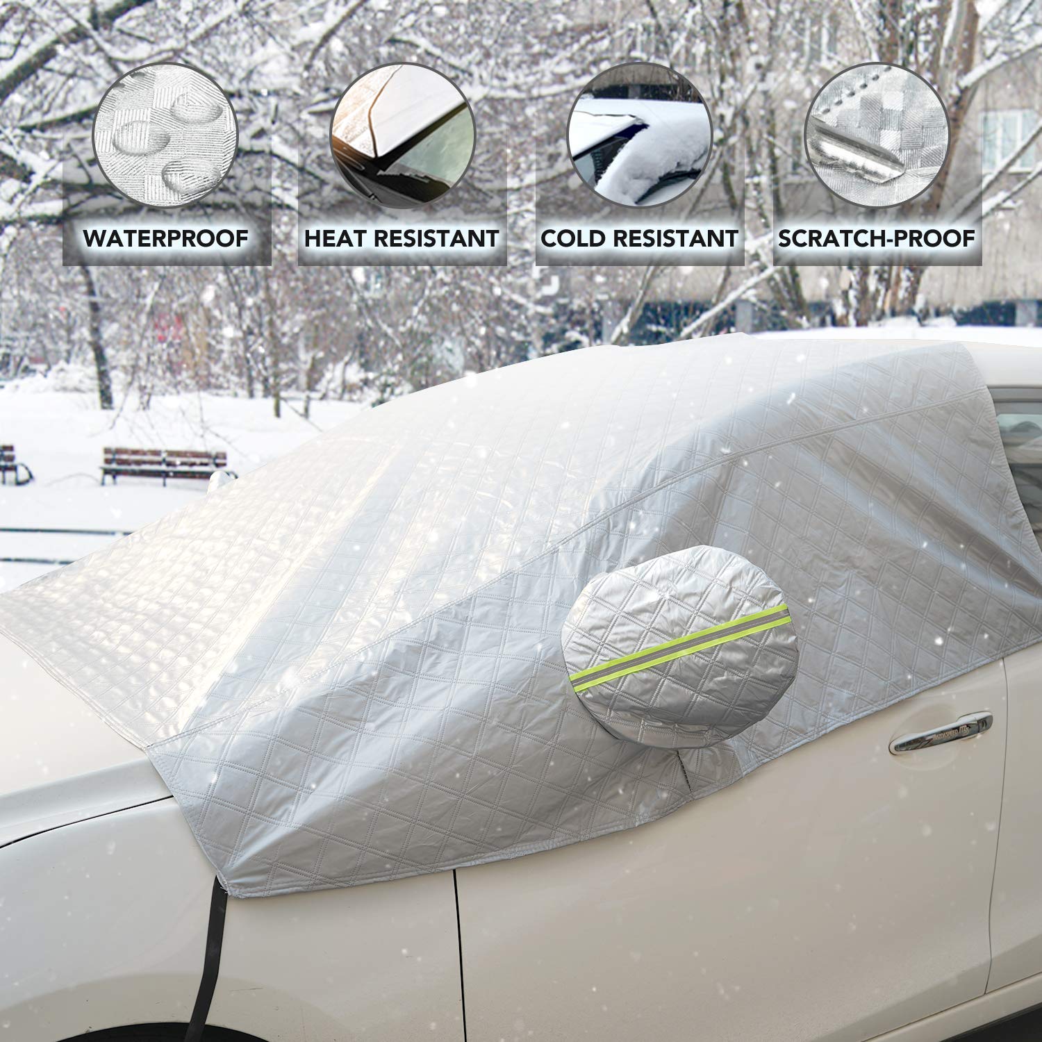 Windshield Snow Cover Windscreen Ice Cover with Rearview Mirror Protector Windshield Guard Extra Large Half Car Cover with Hook and Straps All Weather Auto Sun Shade Fit Most Car Truck SUV Van Sedan