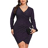 CYCLAMEN 1X-4X Plus Size Sparkle Glitter Ruched Bodycon Mini Wrap Dress Sparkly Sequin Dresses Ruffle Sleeve Party Cocktail
