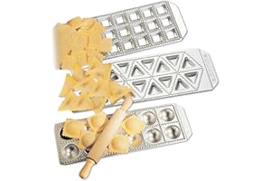 Imperia Ravioli Maker Set of 3 Italian Made Molds- Mini Squares, Tortelli, and Raviolini with Rolling Pin