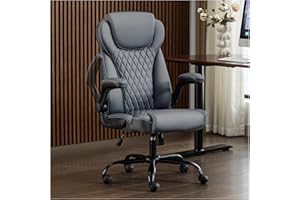 amseatec, Office Chair, Executive Leather Chair Home Office Desk Chairs, Ergonomic Computer Desk Chair with Adjustable Flip-Up Arms, Lumbar Support Swivel Task Chair with Rocking Function (Gray)
