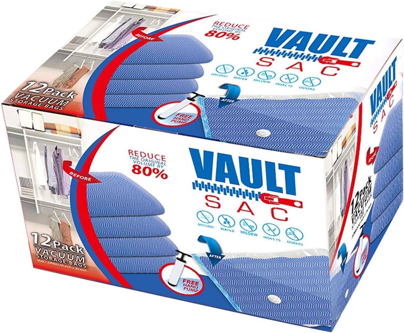 Vacuum Storage Bags | 12 PACK | 4 X LARGE, 4 X MEDIUM, 4 X SMALL | 80% MORE STORAGE for Clothes Blankets Duvets & Much More | Works with Any Vacuum Cleaner FREE Hand-Pump For Travel