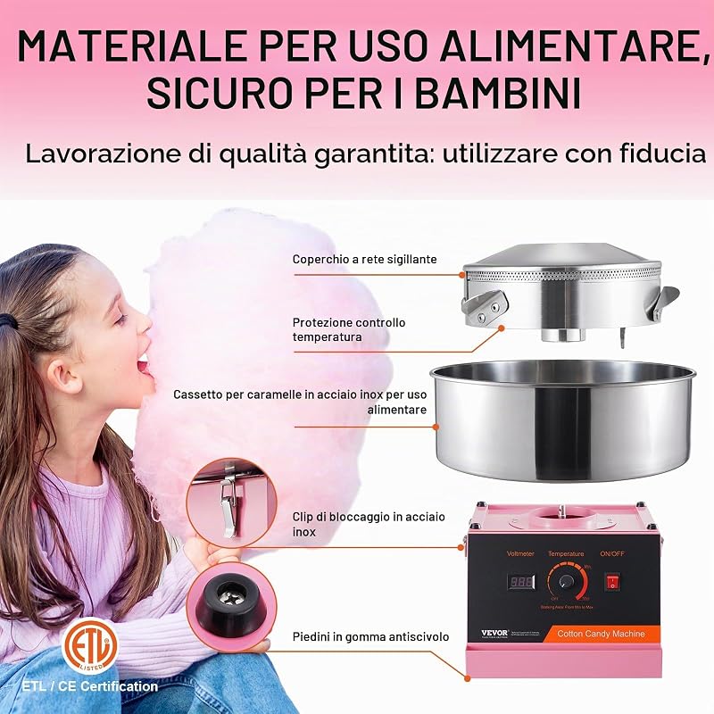 Macchina Zucchero Filato Elettrica 1000 W Macchina Zucchero Filato Commerciale, con Ciotola in Acciaio Inossidabile, Paletta per Zucchero, per Compleanno di Bambini, Feste in Famiglia, Rosa