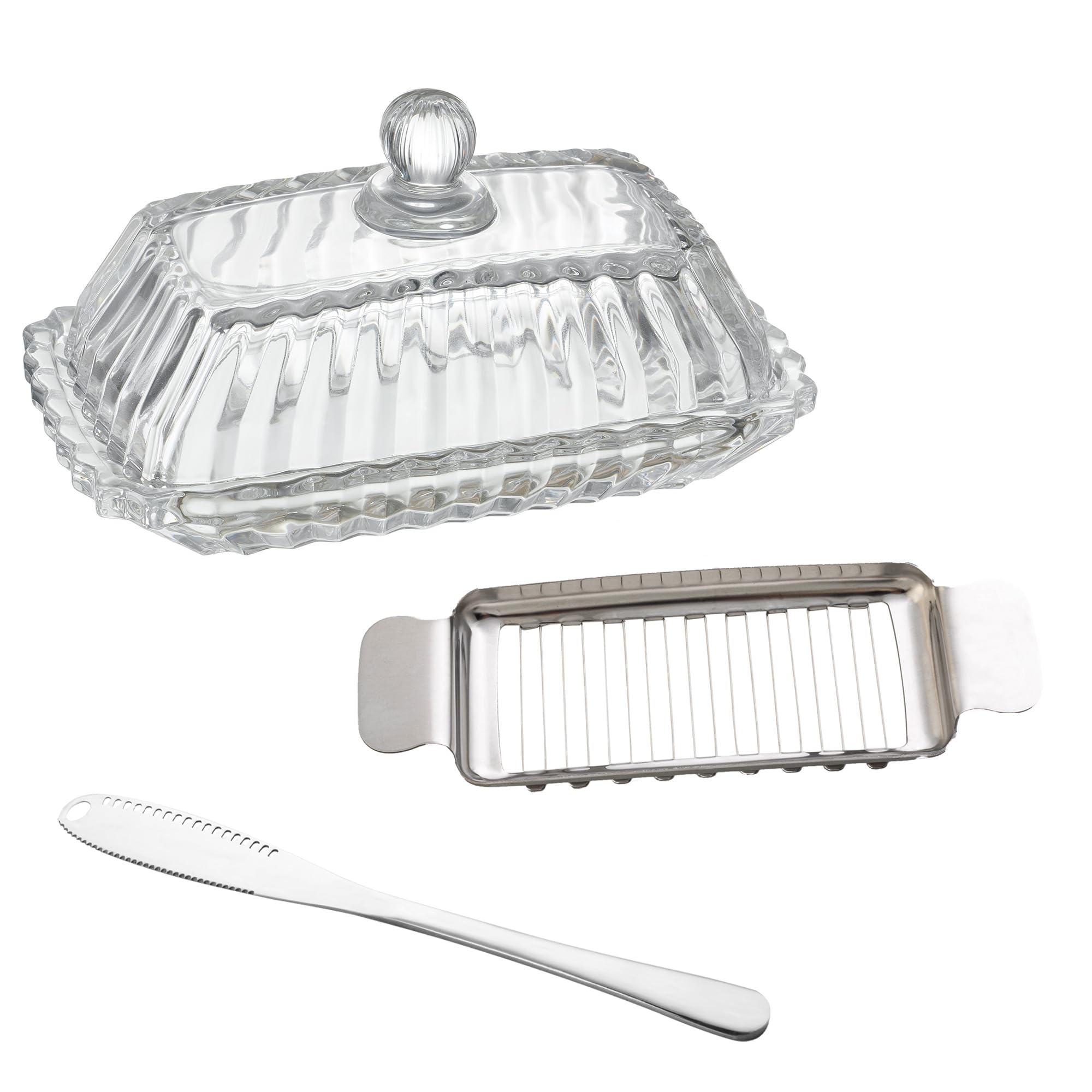 Photo 1 of ?Glass Butter Dish with Lid - All-in-One Solution for Kitchen Countertop & Refrigerator? 6.7" × 3.7" (17 × 9.4 cm) Essential for Home Cooks & Foodies, Bonus Butter Cutter & Knife Set Included
