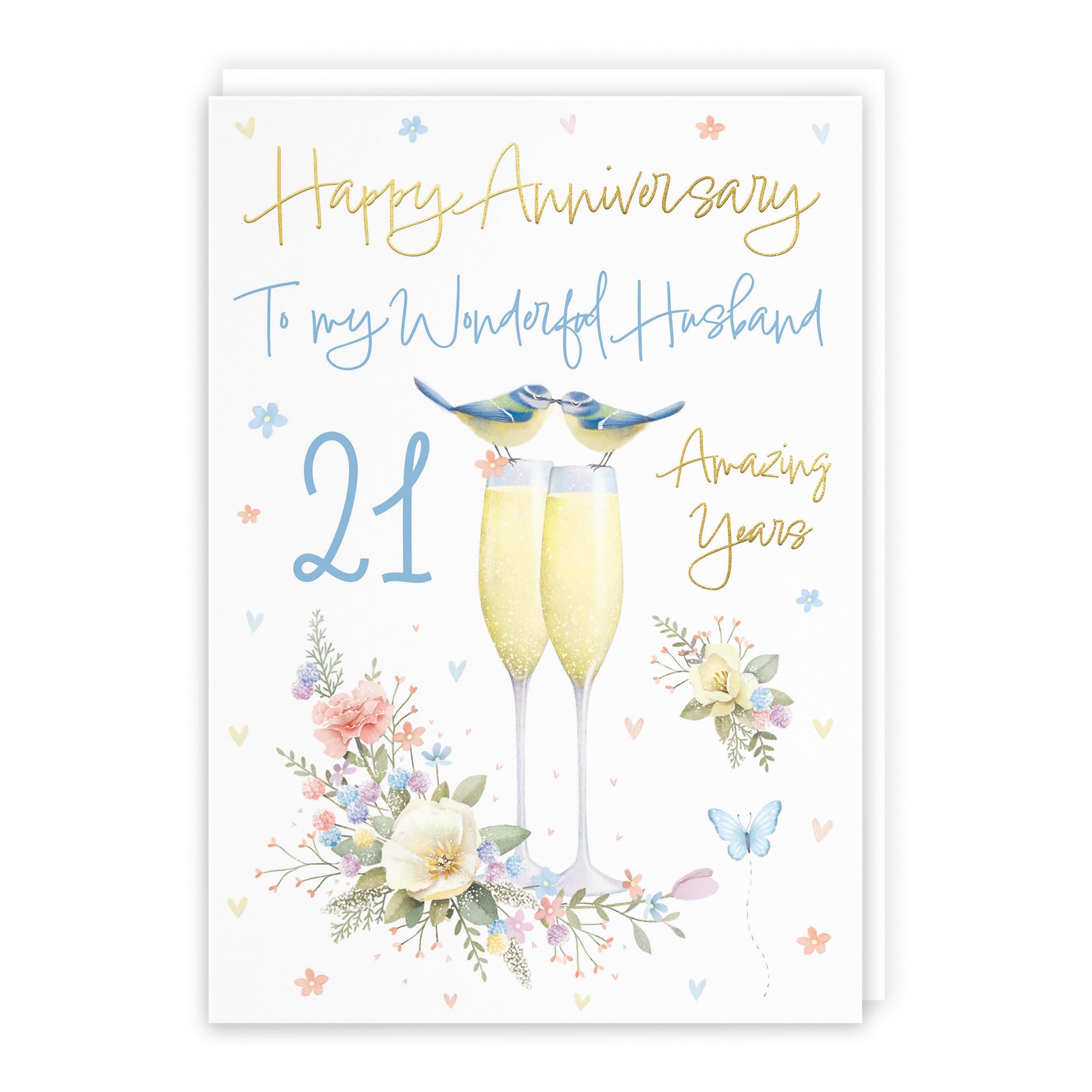 Hunts England - Husband 21st Anniversary Card - A5 Size - Champagne Flutes - Gold Foil - Luxury 21st Anniversary Card For Husband - 21 Years - 21st Anniversary - Milo's Gallery