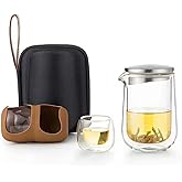 KuGuo Portable Travel Double Wall Glass Tea Set with Insulated Glass Teapot and 2 Insulated Cups