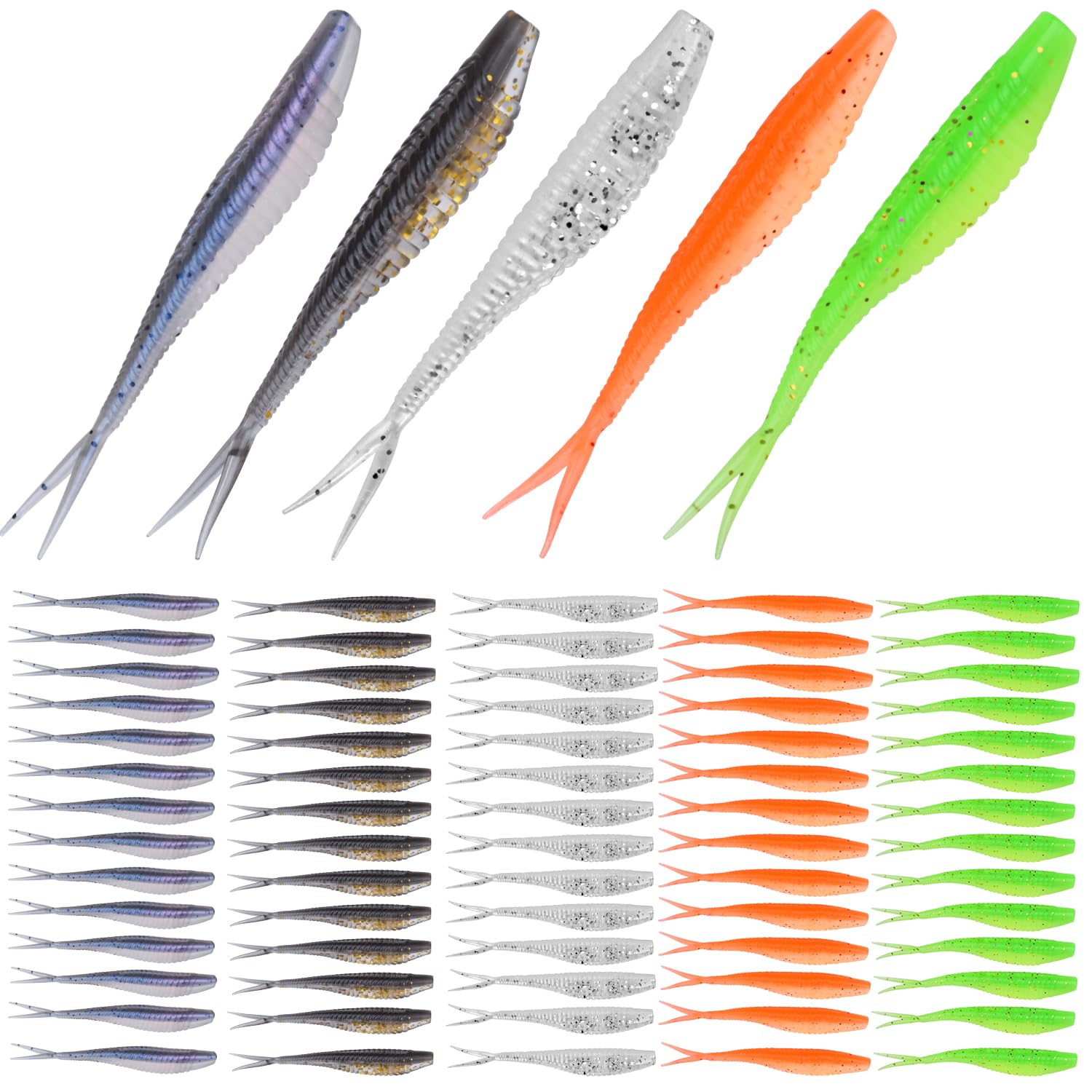 Soft Fishing Lures, 100PCS/50PCS Soft Plastic Baits Kit with Box for Fishing Trout Redfish Saltwater/Freshwater, 10 Mixed Colors/5Mixed Colors (B-100PCS/7cm)