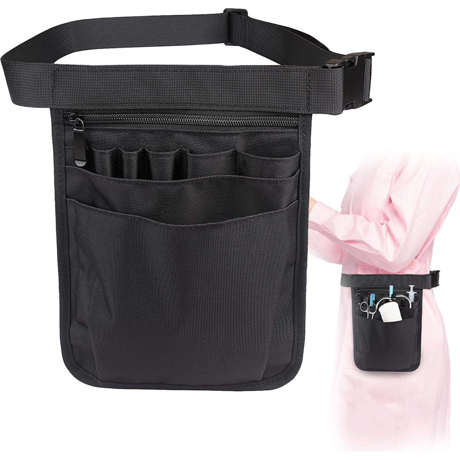 ZHYUAN Nurse Bags Waist Bag, 25 x 18 cm, Nurse Organiser Belt Bag, Women's Nurse Bag, Adjustable Nurse Bag, for Scissors, Care Set Tool (Black)