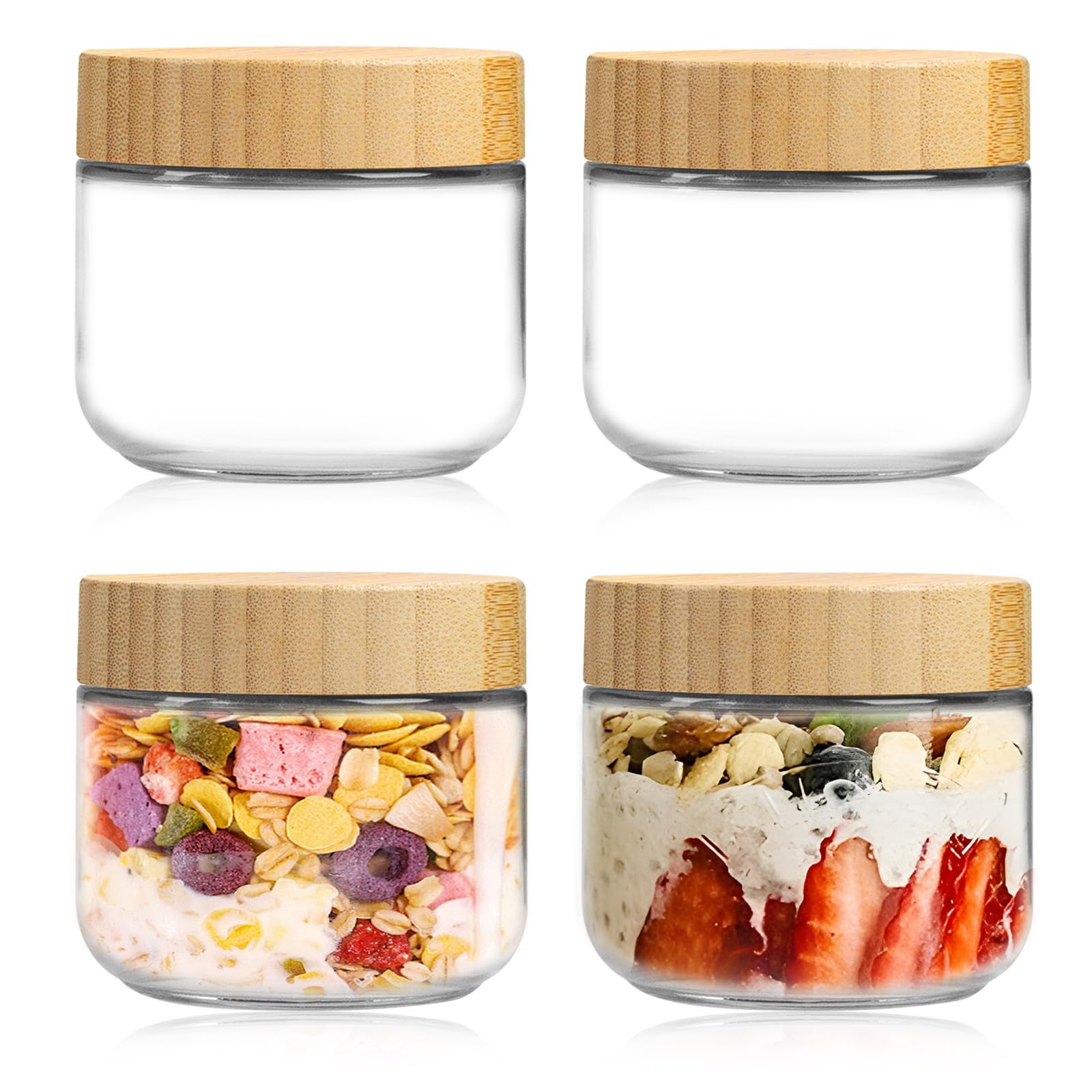 Photo 1 of AMEITECH 4 Pack 10 oz Overnight Oats Containers with Bamboo Lids, Reusable Glass Food Storage Jars with Airtight Lids, Wide Mouth Mason Jars for Snack Yogurt Fruit Salad