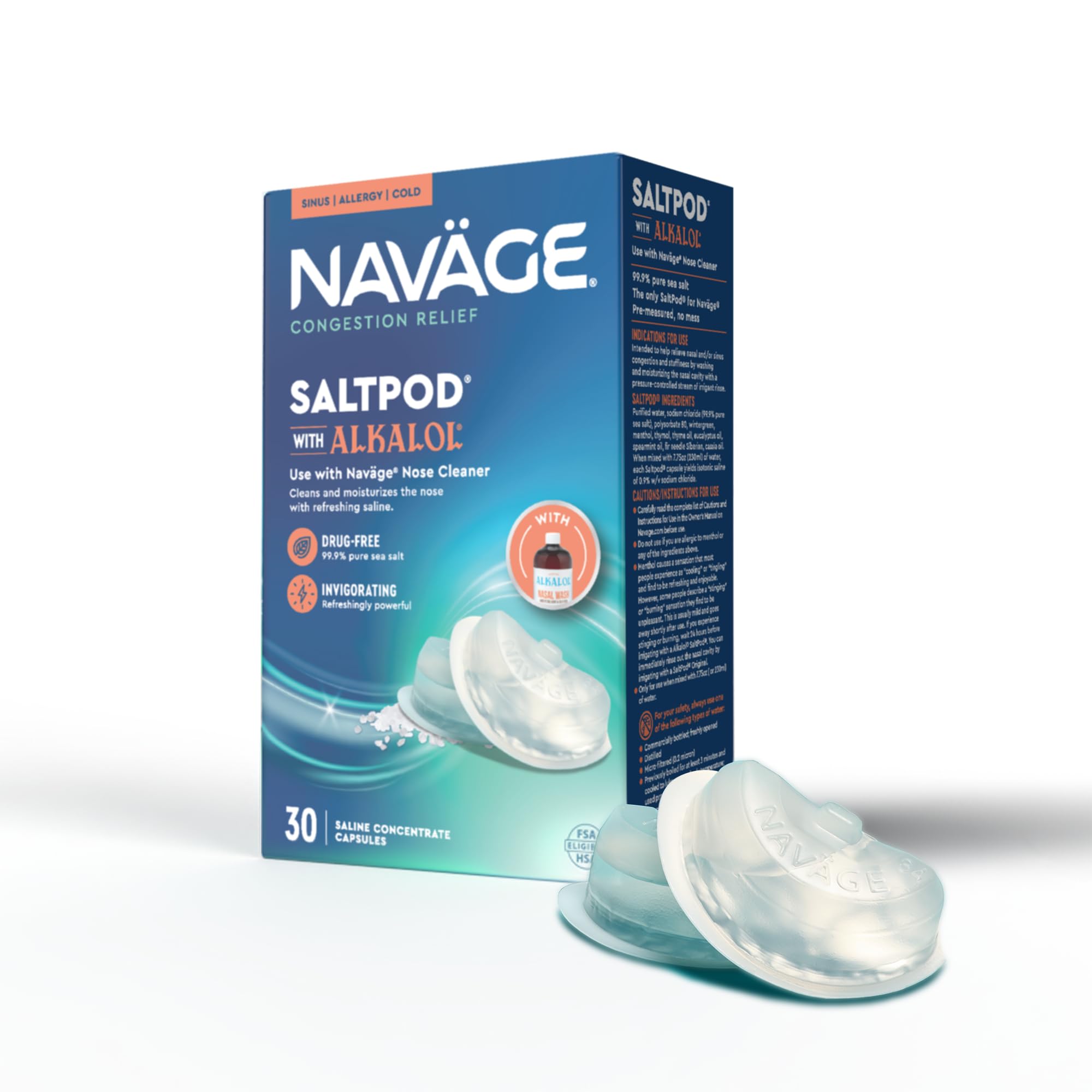 Navage SaltPod w/ Alkalol (3 30-Packs) - Exclusively Designed for Navage Nasal Rinse - Sinus Rinse Alkalol Pods for Fast Relief (90 SaltPod Refills)