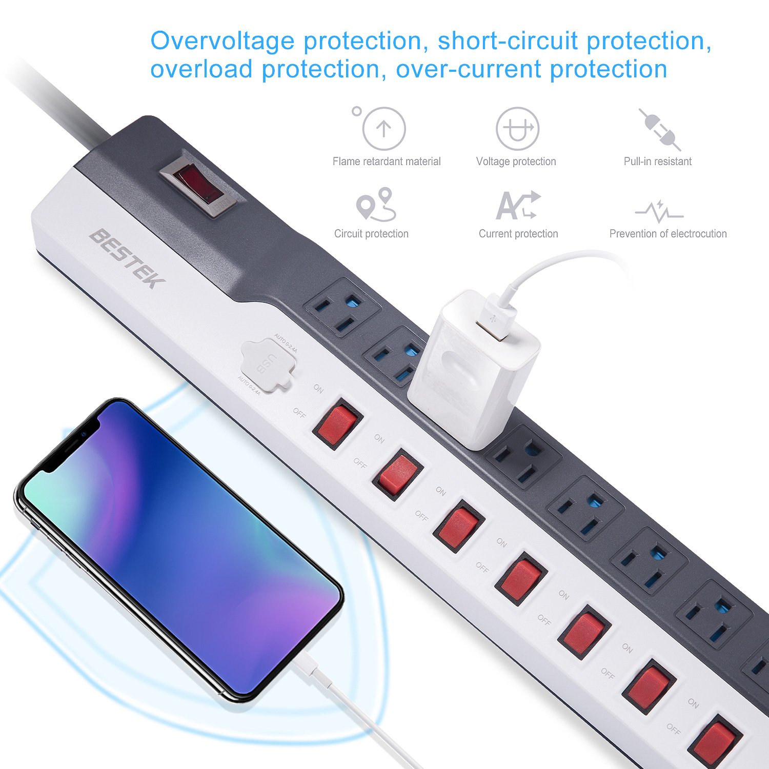 Individual Switches Power Strip with USB, BESTEK 900 Joules Surge