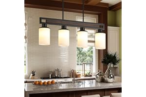 HUONG SON Farmhouse Dining Room Light Fixture, 4-Light Wood Kitchen Island Lighting for Dining Room Over Table, Black Adjustable Pendant Light with Milk Glass Shades, Linear Chandeliers Lighting for Kitchen
