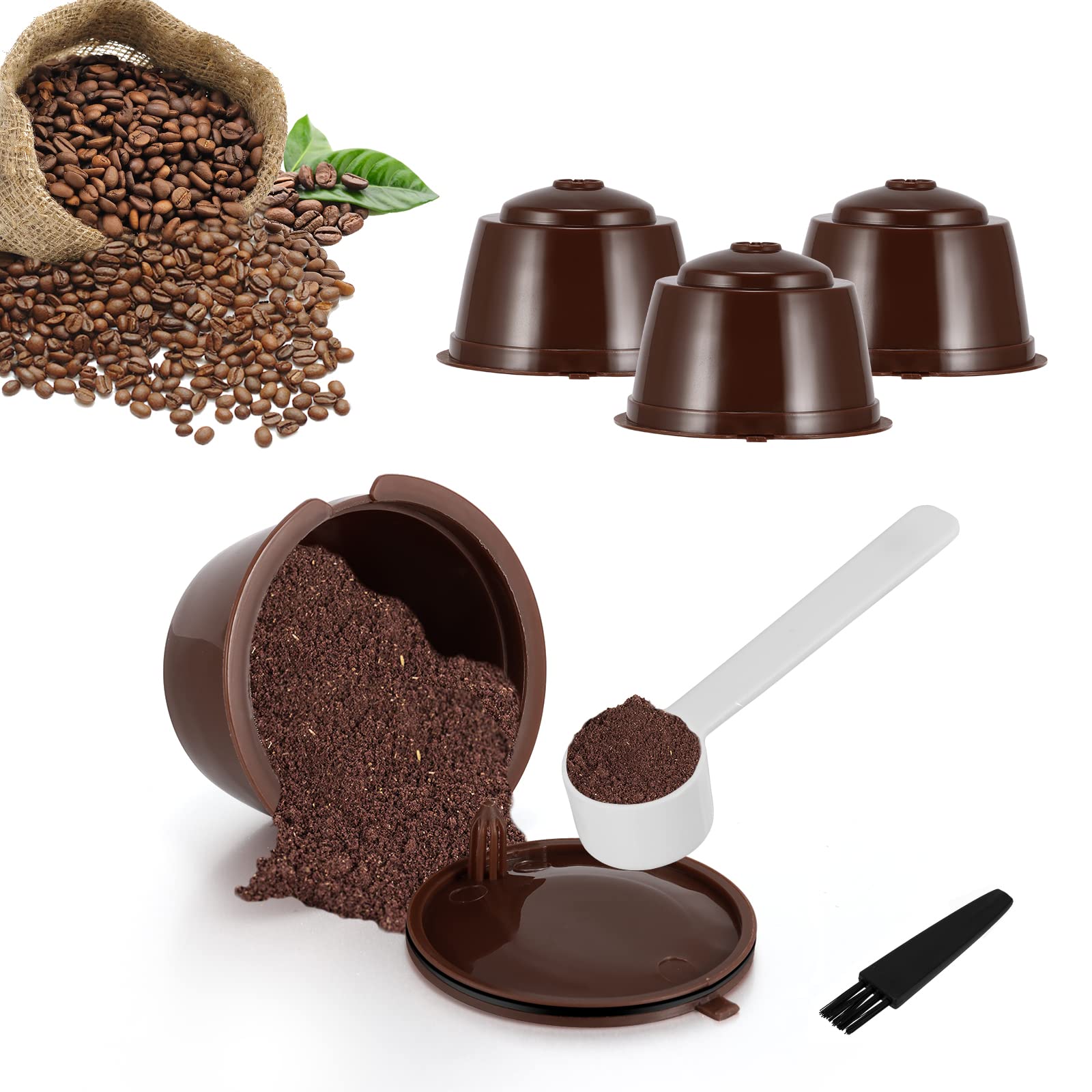 Refillable Coffee Capsules Pods, Reusable Coffee Pods for Dolce Gusto 4PCS Refillable Coffee Capsules Pods, Refillable Dolce Gusto Pods with 1 Plastic Spoon and 1 Cleaning Brush